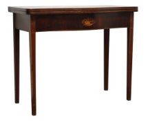 George lll mahogany serpentine front folding tea table, inlaid with specimen wood roundel,