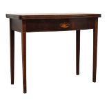 George lll mahogany serpentine front folding tea table, inlaid with specimen wood roundel,