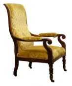 William IV rosewood framed open arm chair, scrolled back and lotus carved arms,