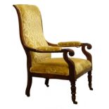 William IV rosewood framed open arm chair, scrolled back and lotus carved arms,