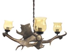Taxidermy - Fallow deer antler three branch hanging light fitting, with amber glass shades, H35cm,