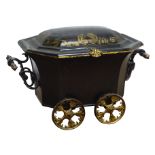 Regency Toleware coal wagon, elongated octagonal body with C scroll cast handles,