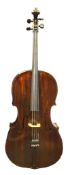 Early 20th century French Mirecourt cello with 76cm two-piece maple back and ribs and spruce top,