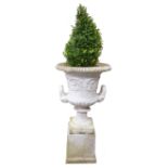 Large white finish composite stone two handled garden urn, scroll and lobed body square base,