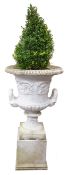 Large white finish composite stone two handled garden urn, scroll and lobed body square base,
