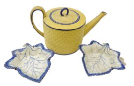 Caneware teapot circa 1810, engine turned ozier body, blue painted borders and loop handle,