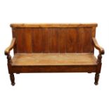 19th century country pine hall bench seat, five panel back with moulded top rail and shaped arms,