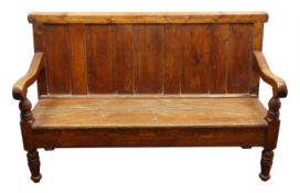 19th century country pine hall bench seat, five panel back with moulded top rail and shaped arms,