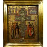 19th century Russian Icon, wooden panel with tempera painted scenes of mourners,