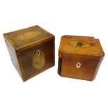 George III mahogany Sheraton style crossbanded tea caddy the hinged top and front boldly inlaid