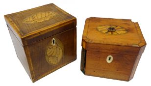 George III mahogany Sheraton style crossbanded tea caddy the hinged top and front boldly inlaid