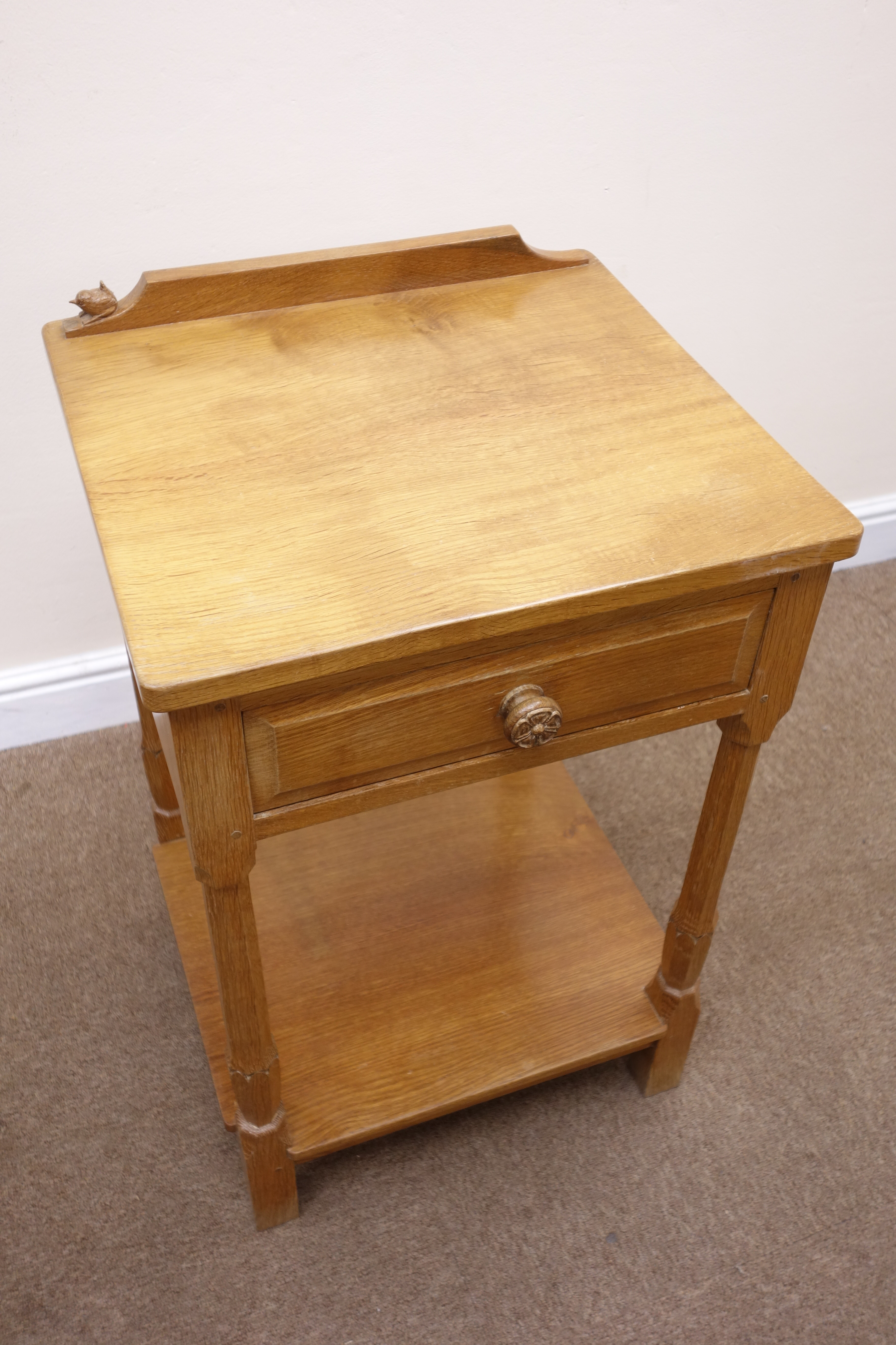 Bob 'Wrenman' Hunter oak side table, adzed top with raised back carved with signature Wren, - Image 4 of 7
