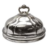 Early Victorian Old Sheffield plate meat dome, oval, partly fluted form, engraved with family crest,