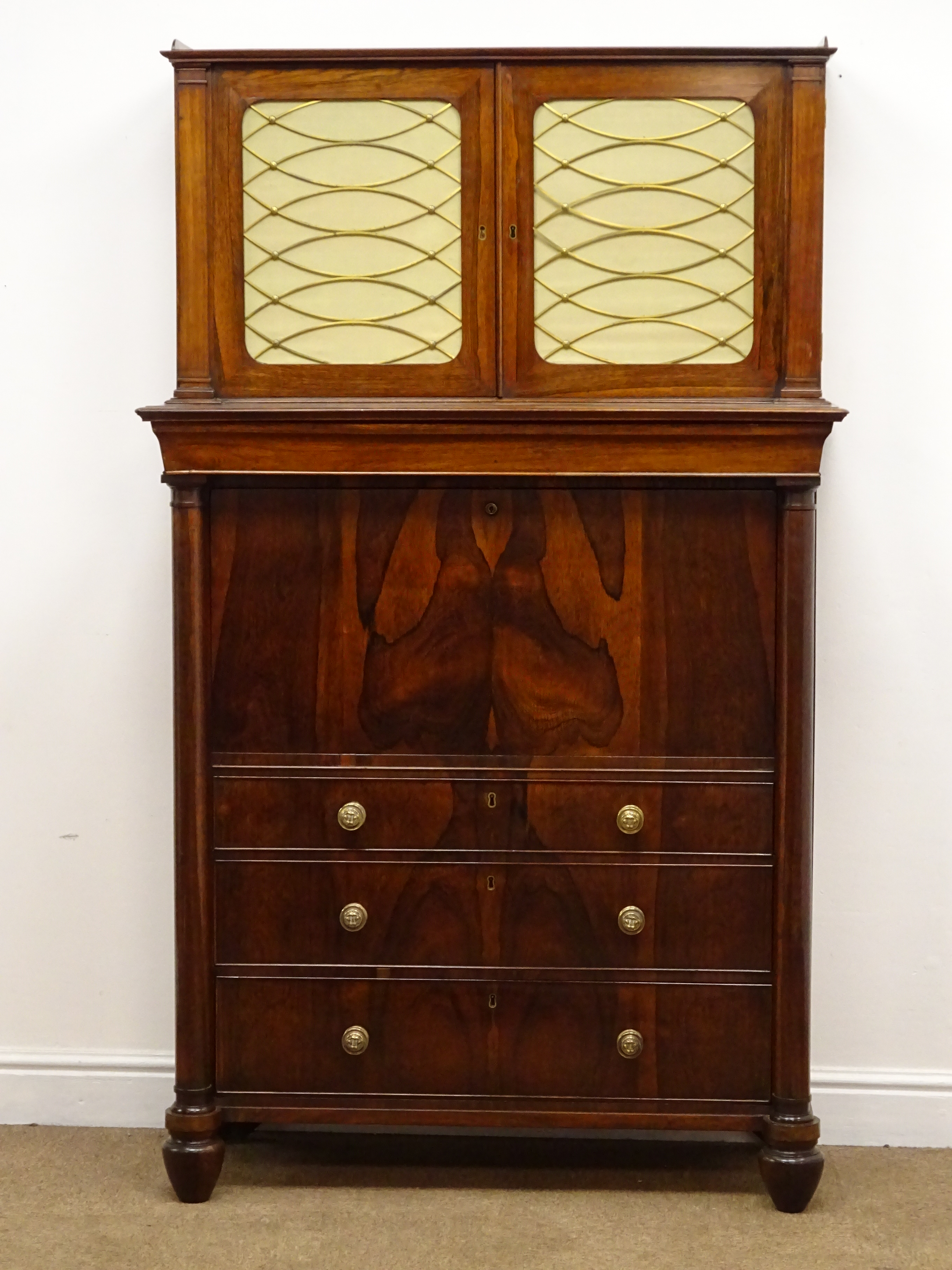 Regency rosewood secretaire cabinet, with brass galleried top and two brass grilled doors, - Image 2 of 7