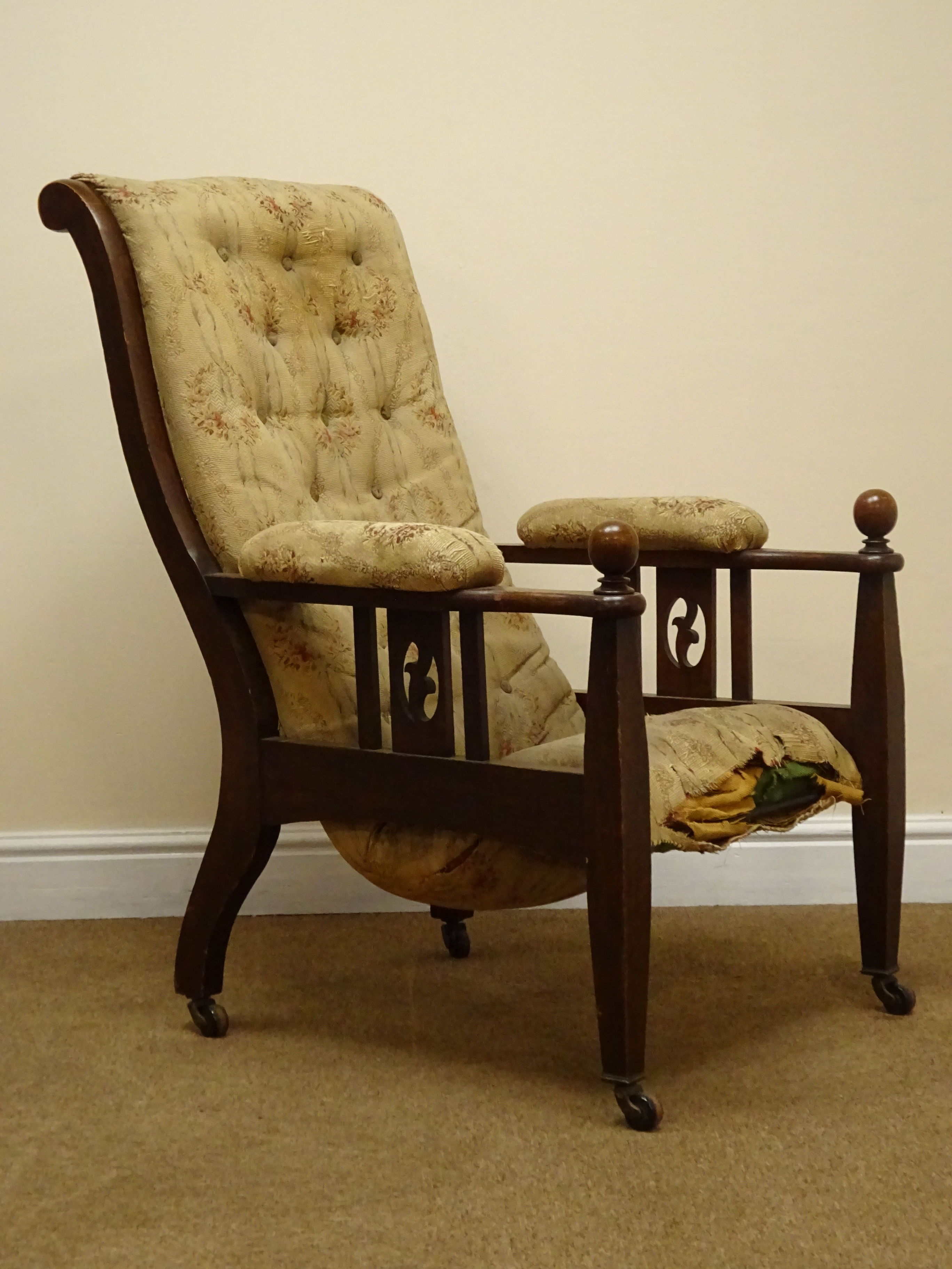 Arts & Crafts oak armchair, upholstered back, seat and arm pads, pierced and railed side panels, - Image 2 of 6