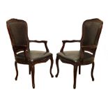 Pair French open arm chairs, moulded frames with floral carved cresting rail,