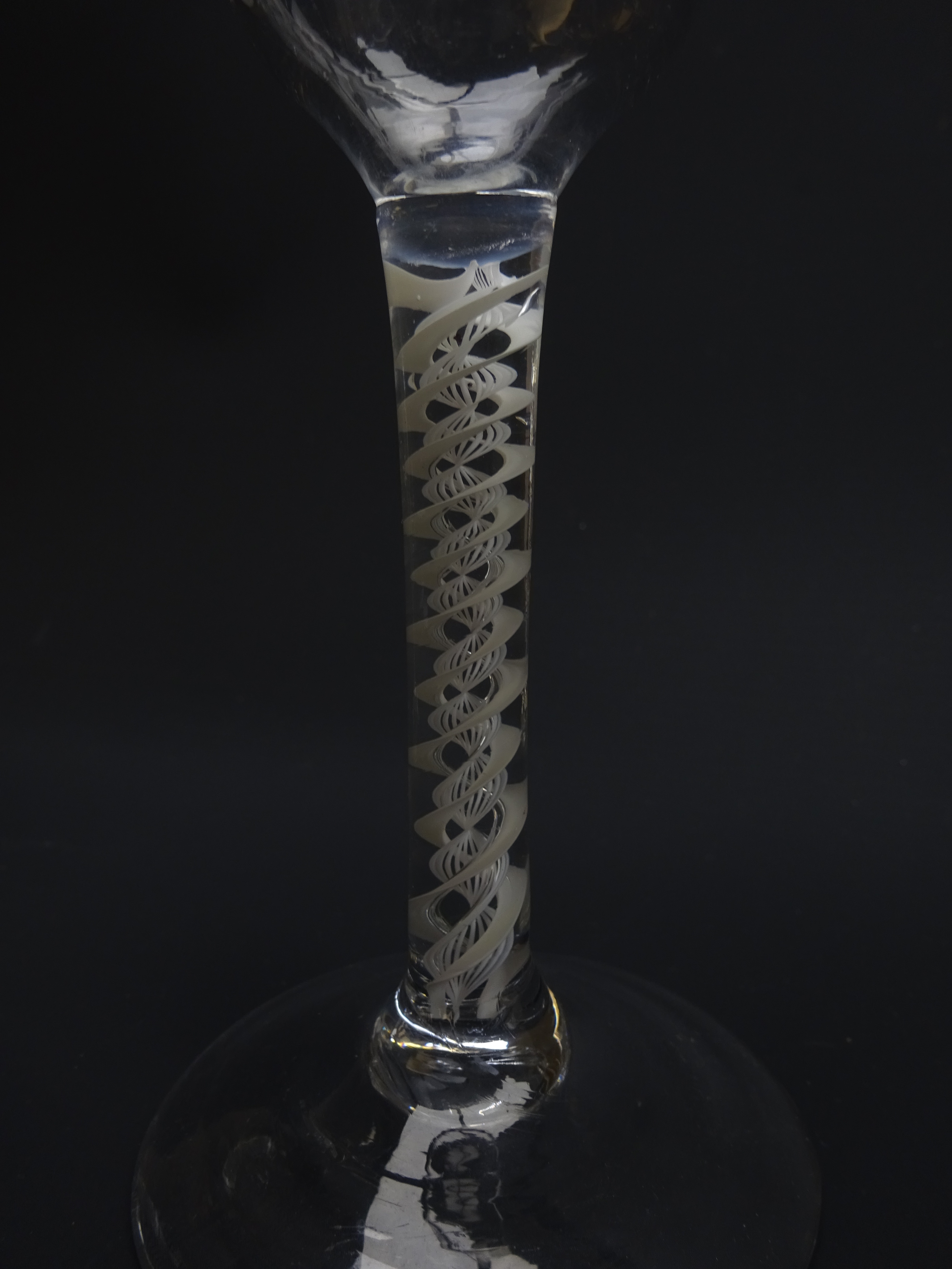 Georgian wine glass, semi-wrythen fluted ogee bowl above a opaque twist stem, - Image 4 of 8