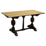 19th century oak rectangular refectory table, planked top on cup and cover supports,