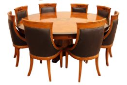 Empire style ebonised banded ash curl pedestal dining table,