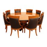 Empire style ebonised banded ash curl pedestal dining table,