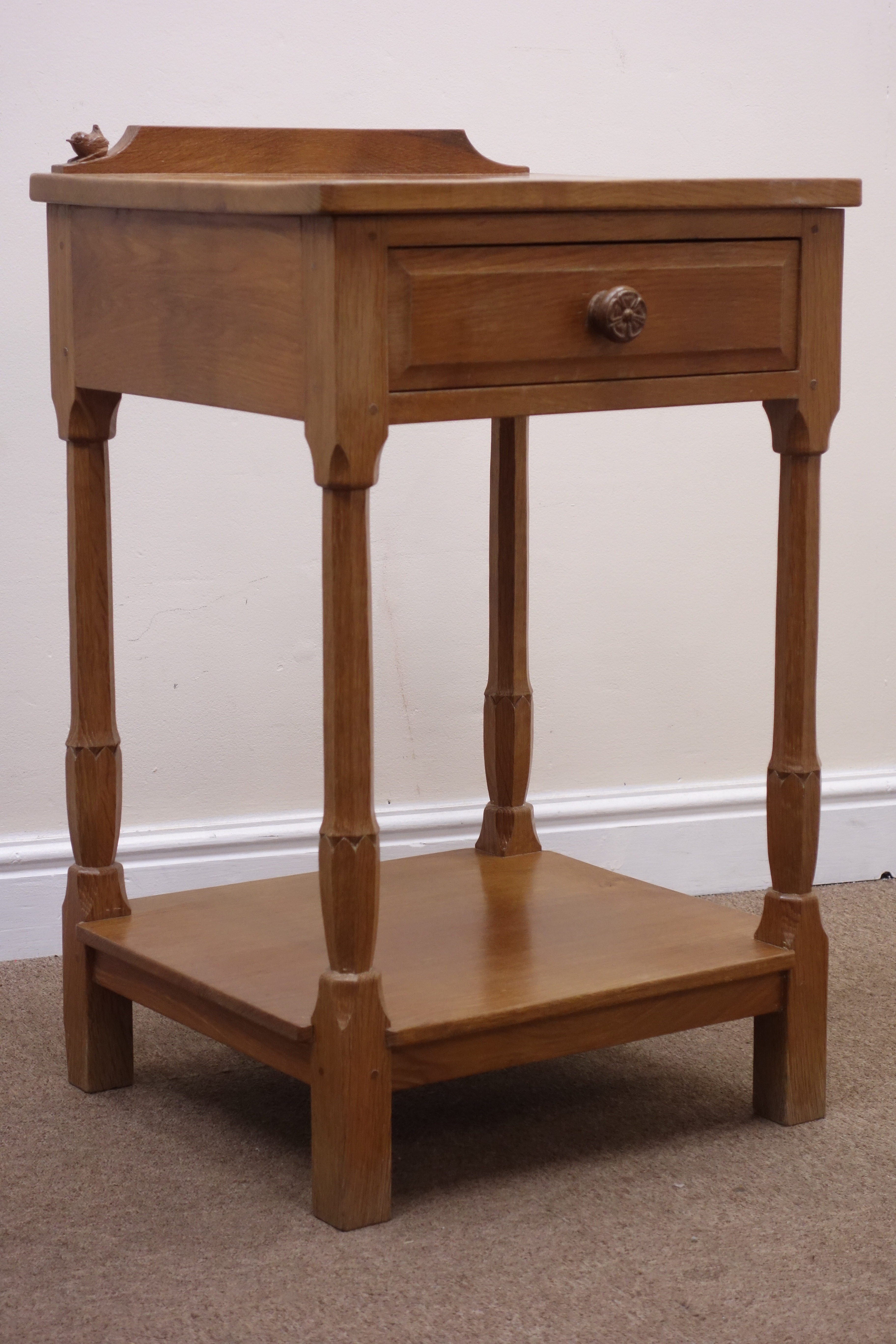 Bob 'Wrenman' Hunter oak side table, adzed top with raised back carved with signature Wren, - Image 2 of 7