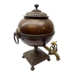 George III copper tea urn of globular form, reeded domed cover, ring handles, shell motif girdle,