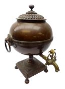 George III copper tea urn of globular form, reeded domed cover, ring handles, shell motif girdle,