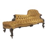 Victorian walnut framed chaise lounge, with carved scrolled acanthus leaf arm terminals,