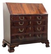 George lll mahogany bureau, figured fall front with fitted interior,
