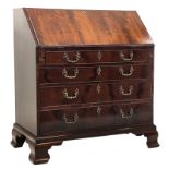 George lll mahogany bureau, figured fall front with fitted interior,