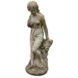 Composite stone garden sculpture of a semi-clad young Lady, on naturalistic circular base,