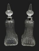 Pair silver collared cut glass scent bottles of tapered form, by W & Co.