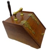 Victorian oak fall front coal box, brass strapwork hinges and handles, with tin liner and shovel,