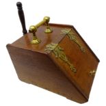 Victorian oak fall front coal box, brass strapwork hinges and handles, with tin liner and shovel,