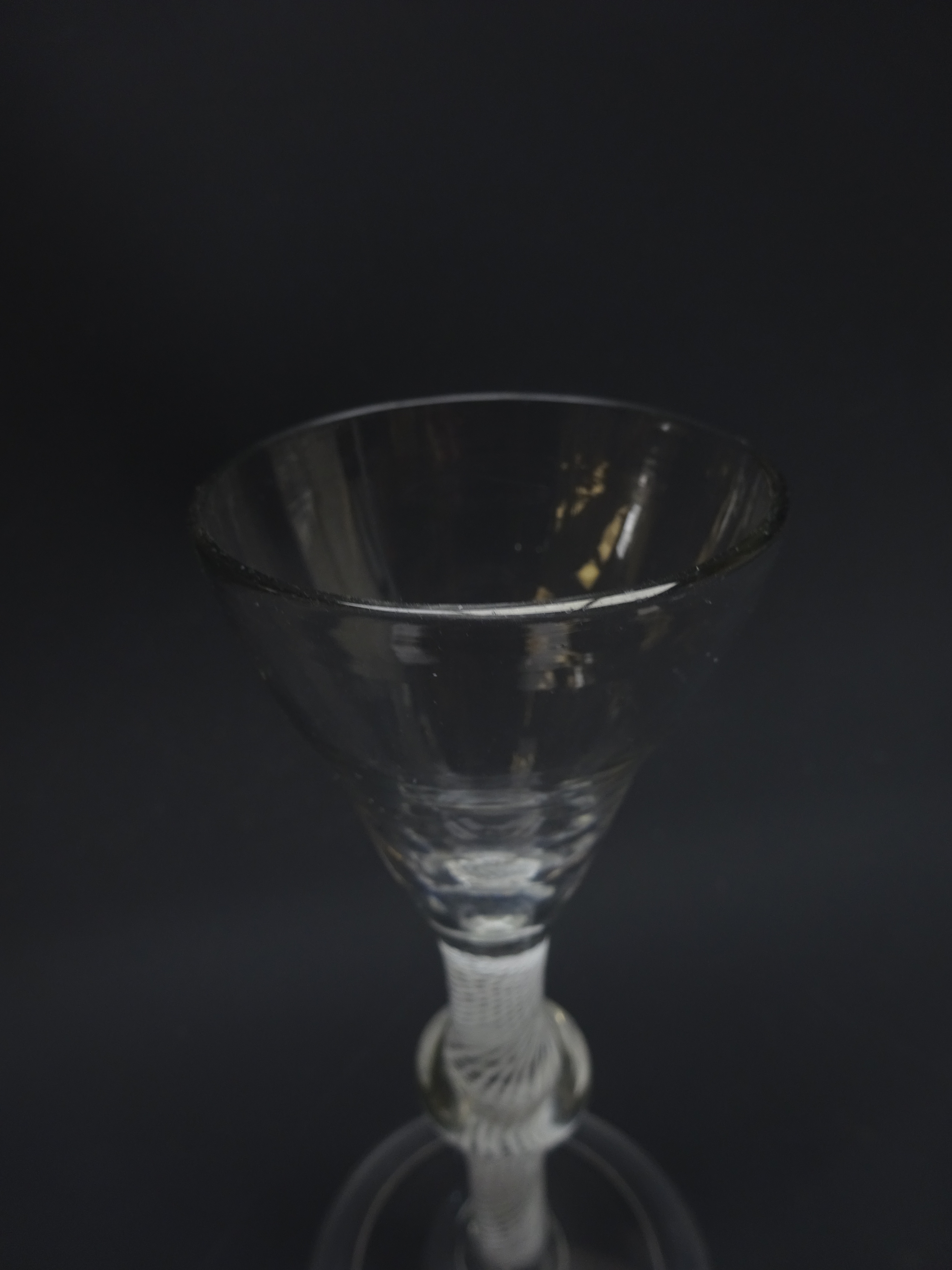 Georgian wine glass, bucket shaped bowl above a knopped air twist stem on conical foot, H15. - Image 3 of 7