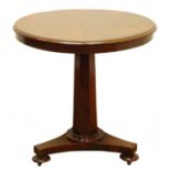William IV mahogany tea table, circular moulded tilt top on tapering octagonal column support,