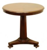 William IV mahogany tea table, circular moulded tilt top on tapering octagonal column support,