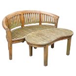 Hardwood garden bench, slatted back with curved top rail,