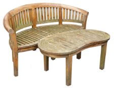 Hardwood garden bench, slatted back with curved top rail,
