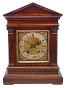 Edwardian walnut Architectural cased mantel clock, square brass dial with silvered Roman chapter,