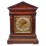 Edwardian walnut Architectural cased mantel clock, square brass dial with silvered Roman chapter,