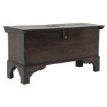 Small George lll planked oak coffer, hinged top with chip carved sides and brass nailed initials AE,