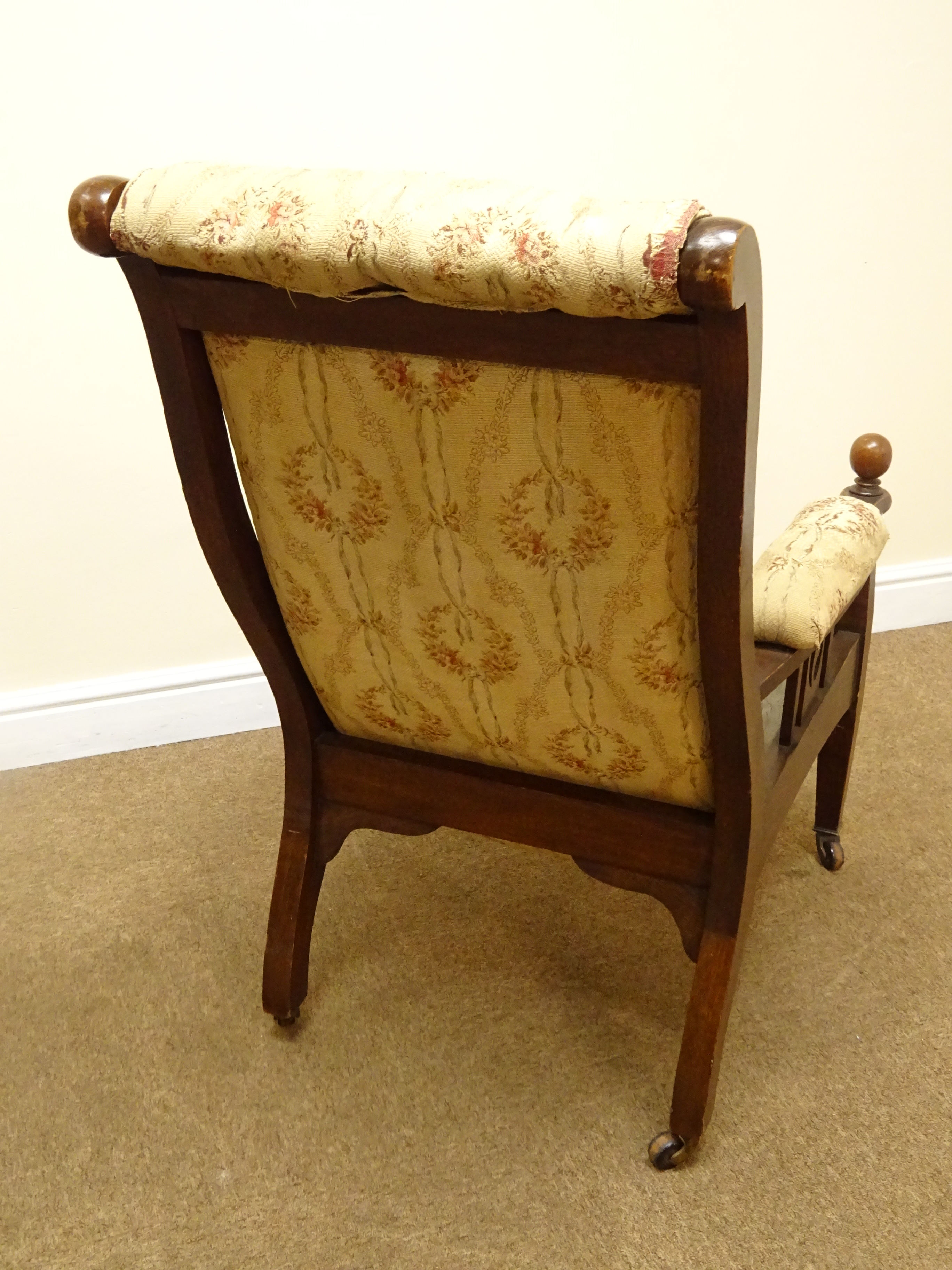 Arts & Crafts oak armchair, upholstered back, seat and arm pads, pierced and railed side panels, - Image 5 of 6