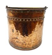 Victorian riveted copper coal bucket with brass swing handle, initialed and dated 1870,