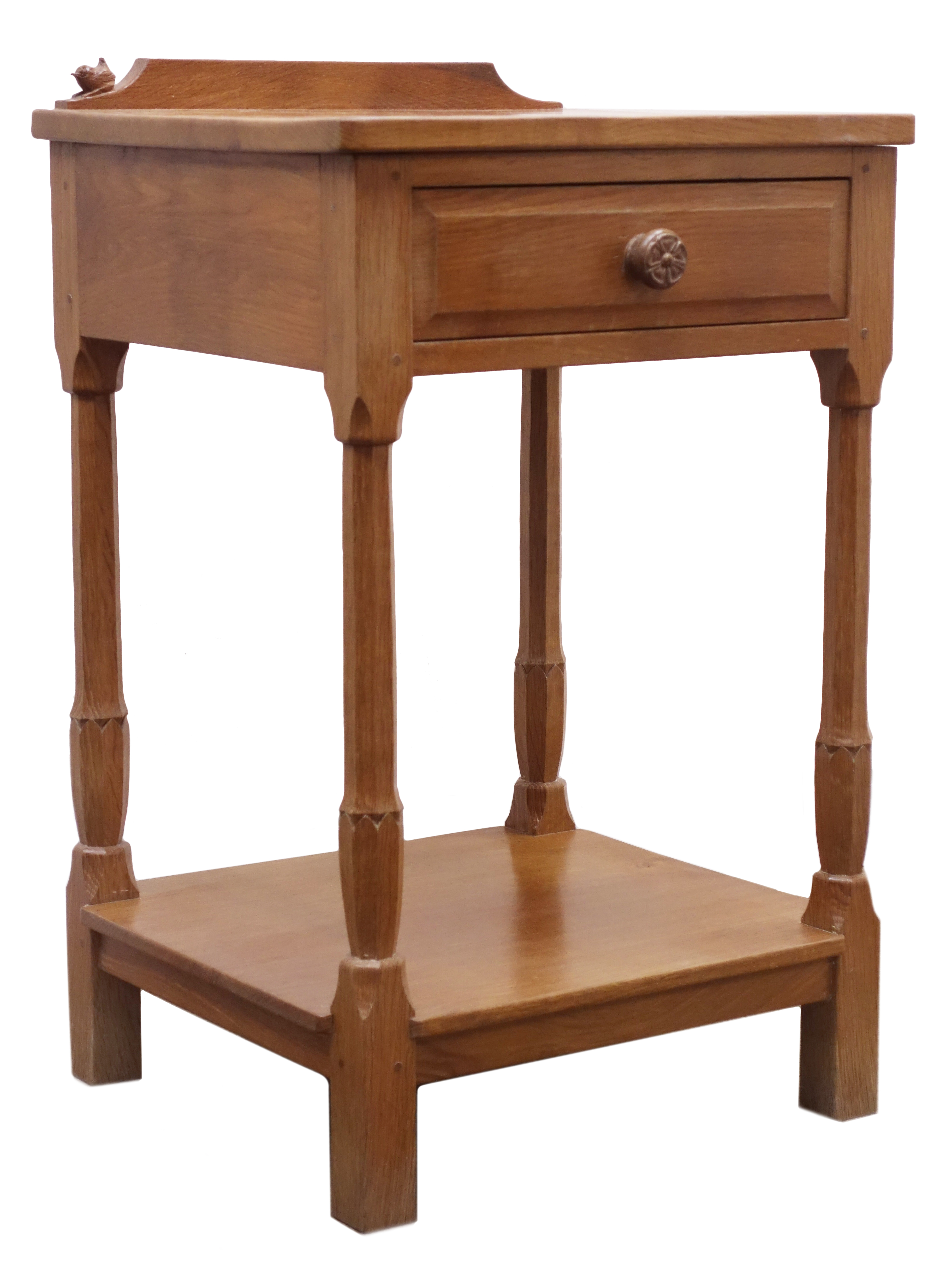 Bob 'Wrenman' Hunter oak side table, adzed top with raised back carved with signature Wren,