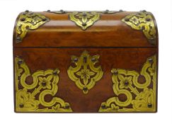 Victorian burr walnut stationary box, casket form with brass strapwork mounts and fitted interior,