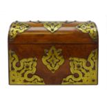 Victorian burr walnut stationary box, casket form with brass strapwork mounts and fitted interior,