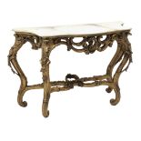 Chippendale style gilt serpentine marble top consol table, on C scroll,