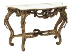 Chippendale style gilt serpentine marble top consol table, on C scroll,