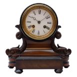 Victorian walnut and ebony mantel clock, white Roman drum head dial with carved sea beast supports,